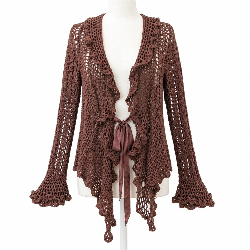 Vintage Y2K Open Knit Tie Front Cardigan Size L Brown Ruffle Boho Fairy Grunge